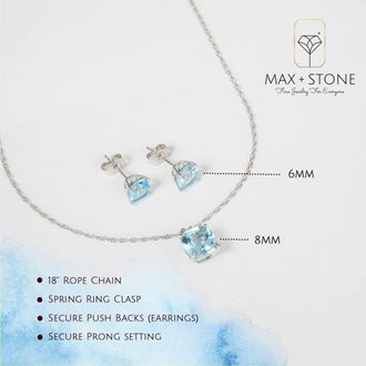 MAX + STONE 925 Sterling Silver Cushion Cut Gemstone Stud Earrings and Pendant Necklace