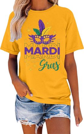 Generic HUIFUAO Mardi Gras Tops for Women Womens Shirts Mask Print Top Round Neck Short Sleeve Shirt Ladies Sparkly Tops Womens Mardi Gras Tops (Beige, XL)
