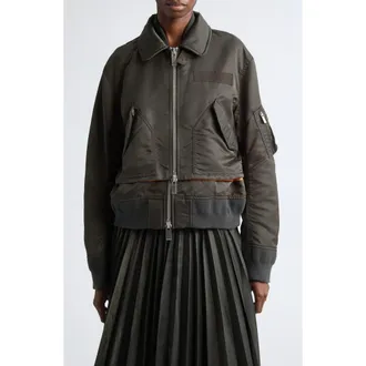 sacai Layered Nylon Twill Bomber Jacket in Dark Khaki at Nordstrom, Size 1