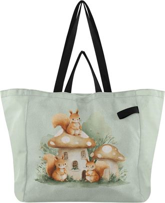 Generic Squirrel Mushroom Green print Reusable Canvas Tote Bag, Heavy Duty Grocery Shopping Bag with Large Capacity Double Handles Hard Bottom Work Groceries 