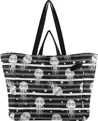 Generic Underwater Jellyfish Hearts Black pattern Reusable Canvas Tote Bag, Heavy Duty Grocery Shopping Bag with Double Handles Large Capacity Hard Bottom Wor