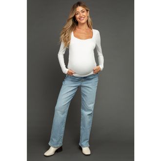 Pinkblush Straight Leg Distressed Hem Maternity Jeans in Light Blue at Nordstrom, Size 26 29