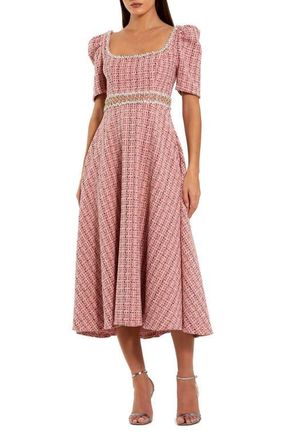 Mac Duggal Puff Sleeve Boucle Midi Dress With Beaded Belt in Pink Multi at Nordstrom, Size 10