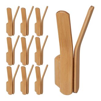 Relaxdays Set De 10 Perchas De Pared Bamb&uacute;, Para Atornillar, Ganchos Resistentes, Para Armario O Pasillo, 15 X 6,5 X 6 Cm, Natural