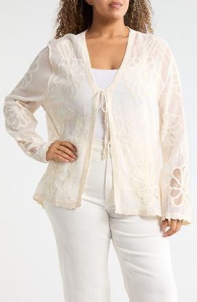 Forgotten Grace Floral Embroidered Tie Front Cardigan in Natural at Nordstrom Rack, Size 2 X