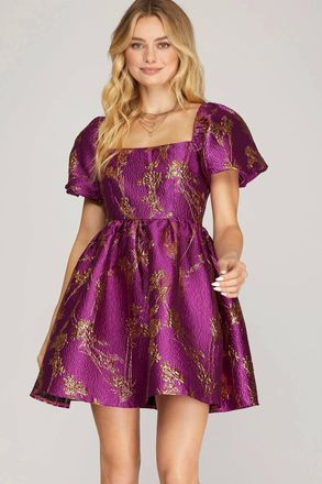 She + Sky Metallic Jaquard Baby Doll Dress In Magenta
