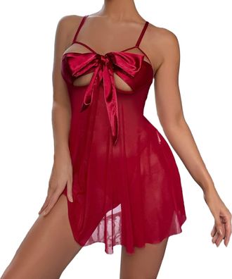Generic Women Fashion Print Mesh Lingerie Lace Lingerie Two Set Sexy Underwear with Thong Costume Women Shorts (Red, XL)