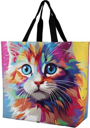 Generic Rainbow Cartoon Cat Carry Bag Waterproof Shoulder Bag Reusable Grocery Bags For Travel Daily Use Camping