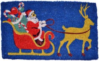 Imports Decor Christmas Santa Coir Doormat, Coconut Fiber Door Mat with Sleigh & Reindeer Design for Indoor Outdoor Use