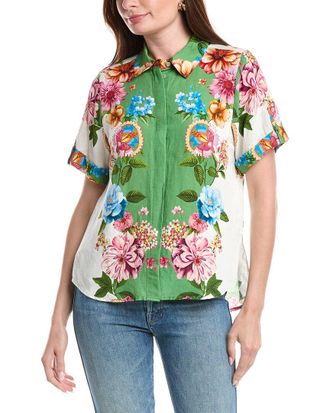 T Tahari Button Down Linen-Blend Blouse
