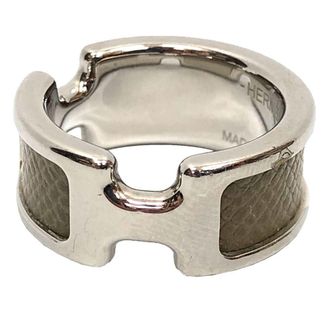 Herm&egrave;s Silver Etoupe Gray Leather Metal Band Ring (Pre-Owned)