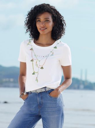 Heine T-Shirt HEINE T-Shirt, Damen, Gr. 34, wei&szlig;, 95% Baumwolle, 5% Elasthan, bedruckt, gemustert, mehrfarbig, Rundhals, Shirts T-Shirt