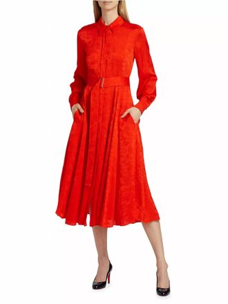 Jason Wu Long Sleeve Pleated Shirtdress With Belt In Coral