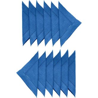 Solino Home Linen Cocktail Napkins Set of 12, 6 x 6 Inch for Dining Table, Holiday and Everyday Table Decor - Classic Hemstitch in Indigo Blue at