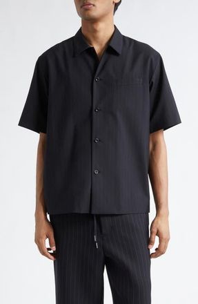 sacai Chalk Stripe Short Sleeve Shirt in Black at Nordstrom, Size 3