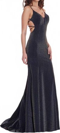 Rachel Allan Metallic Jersey Lace-Up Back Prom Gown In Royal/gold