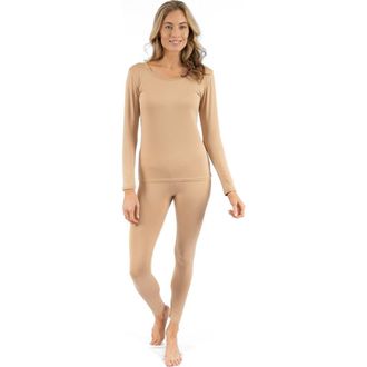 Leveret Womens Solid Thermal Pajama Set in Beige at Nordstrom, Size X-Small