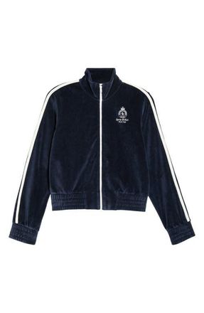 Sporty & Rich Elio Crown Tennis Cotton Velour Track Jacket in Dark Navy/Ecru at Nordstrom, Size X-Large