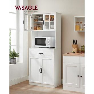 Vasagle Armario Alto, Armario de Cocina con Puertas de Cristal y Estantes Ajustables, Cajón, Orificio para Cables, para Microondas, Estilo Moderno