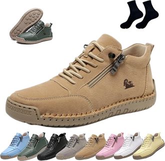 Generic Womens Handmade Leather Orthopedic Comfy Shoes - Lightweight Non-Slip Ankle Boots for Outdoor Casual Driving and Walking with Side Zipper(Khaki,10.5)