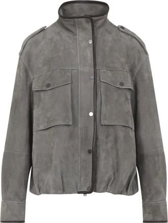Brunello Cucinelli Light Jackets, female, Gray, S, Safari Grey Suede Leather Jacket