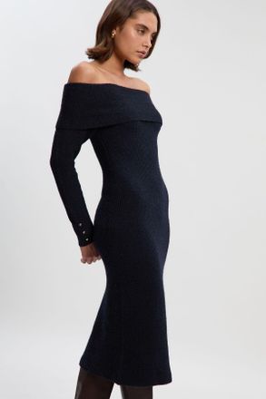 Karen Millen Womens Wool Blend Cosy Bardot Knit Midi Dress - Navy - Size X-Small