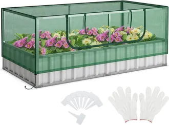 Costway Costway - Cama De Jard&iacute;n Elevada Galvanizada Con Invernadero 174 X 90 X 71cm, Kit De Jardinera Elevada Con Puerta Enrollable, 8 Etiquetas En T Y Un Pa