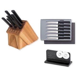Rada Essential Oak 8 Piece Knife Block Set with Knife Sharpener & 6 Piece Serrated Steak Knife Set, Silver Handles in Black at Nordstrom