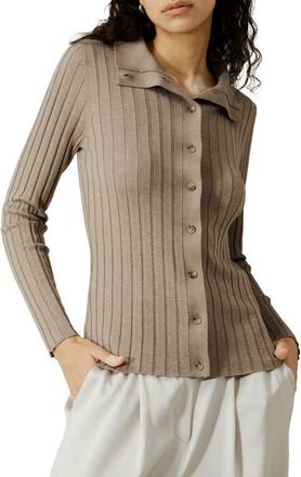 LilySilk Ribbed Silk-Cashmere Blend Cardigan in Brown at Nordstrom, Size Large