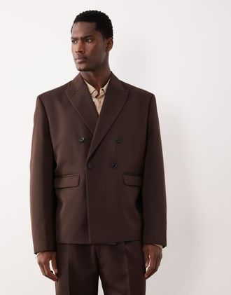 Asos Giacca da abito doppiopetto squadrata nera-Marrone
