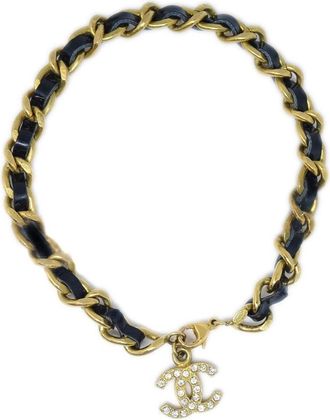 Chanel 1995 CC charm leather-and-chain ankle bracelet - women - Gold Plated/Rhinestone/Patent Leather - One Size