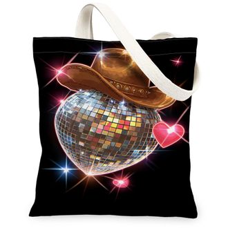 Generic Disco Heart Canvas Tote Bags, Cowboy Hat Glitter Pattern Reusable Grocery Bags, Stylish Vintage Lightweight Washable Canvas, Black, 13x15 Inch