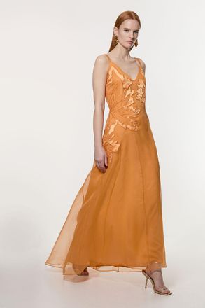 Karen Millen Womens Satin Applique Woven Maxi Dress - Orange - Size 10 UK