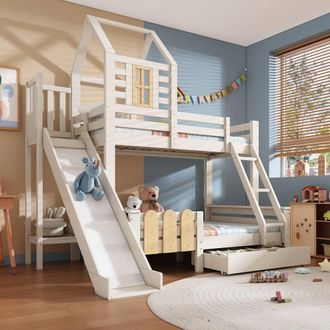 Merax Treehouse Bunk Bed With Slide & Storage Drawer, Childrens House Bed in White | Size: Double