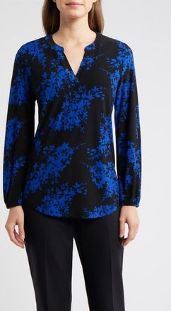 Anne Klein Floral Print Split Neck Top in Anne Black/Empire Blue at Nordstrom, Size Large