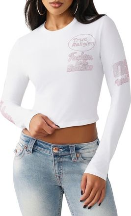 True Religion Sporty Crystal Logo Graphic Long Sleeve T-Shirt in White/Pink at Nordstrom, Size Xx-Large