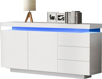 STILVORA Aparador Con 2 Puertas Y 3 Cajones, Led, Frentes Sin Tiradores, En Tablero De Part&iacute;culas, Blanco, 140&times;35&times;72.5 Cm