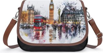 Generic London Street Watercolor Crossbody Bag Womens Handbag PU Message Bags Shoulder Purse with Adjustable Strap