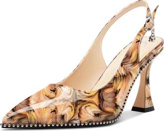 Castamere Womens Slingback Kitten Heel Close Pointed Toe Pumps Court Shoe Chunky Wedding Party Dress Shoes 9 CM Heels Yellow Vortex 6.5 UK