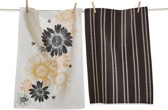 Tag Set of 2 Black Yellow Sunflower Print Cotton Dishtowels in Beige at Nordstrom