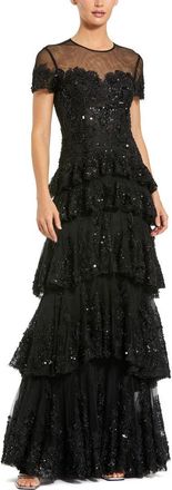 Mac Duggal Short Sleeve Tiered Mesh Gown With Embellishments in Black at Nordstrom, Size 12