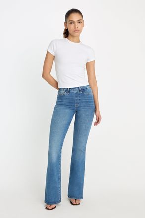 Good American Womens Power Stretch Pull-On Flare Jeans | Indigo, 0 Size Medium | Good American by Khlo&Egrave; Kardashian