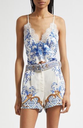 Camilla Lace Trim Silk Camisole in Azul Adventures at Nordstrom, Size Medium
