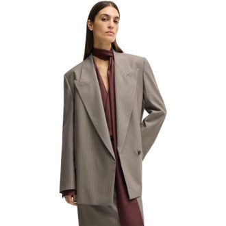 HUGO BOSS Womens Striped Patterned Oversized Fit Blazer Jacket in Open Grey - Size 8 UK
