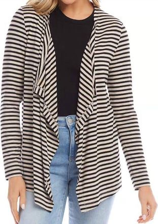 Karen Kane Sidra Stripe Drape Front Cardigan In Black And Oatmeal