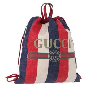 Gucci Logo Drawstring Backpack Striped Canvas Blue Canvas Backpack Bag (Pre-Owned)