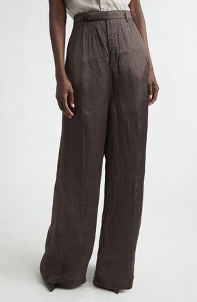 Rick Owens Firbanks High Waist Wide Leg Pleat Front Cupro Satin Pants in Dark Dust at Nordstrom, Size 10 Us