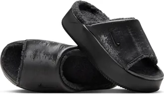 Nike Womens Calm Elevation SE Faux Fur Slides in Black | IO9723-001