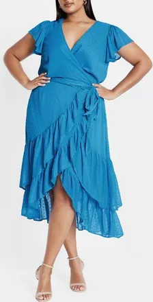 City Chic Dee Clip Dot Wrap Front Dress in Blue at Nordstrom, Size Xxs