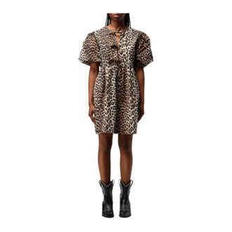 Ganni Short Dresses, female, Multicolor, S, Mini Dress with Puff Sleeves and Tie Neck Detail